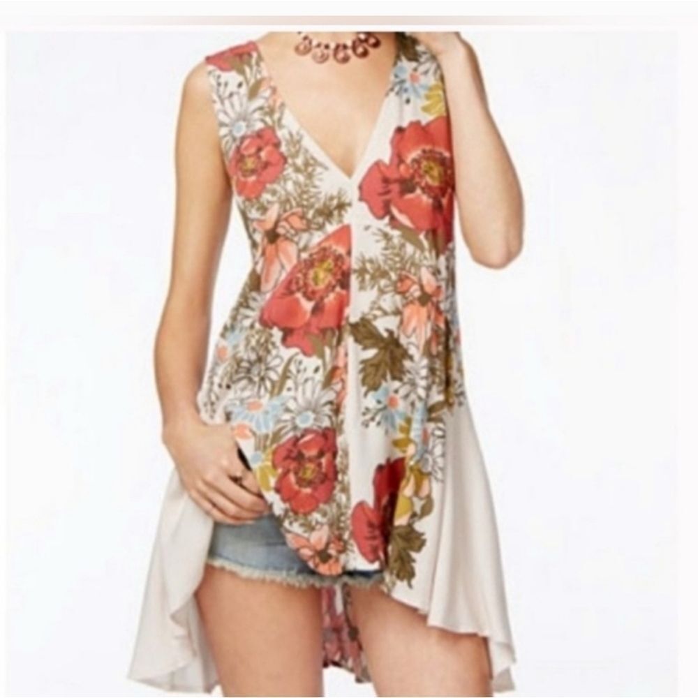 FREE PEOPLE BACKYARD PARTY CREAM FLORAL 100% RAYON TUNIC MINI DRESS SMALL